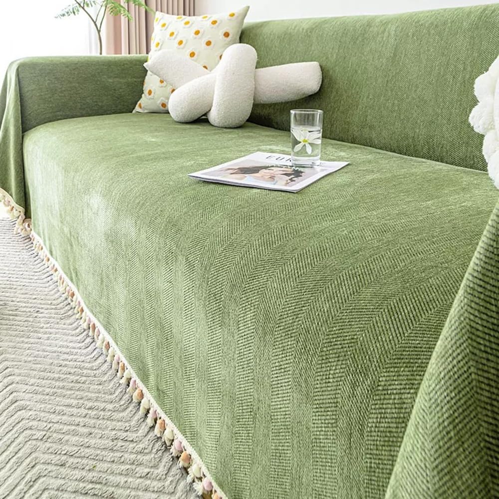 Plaid de canapé en chenille haut de gamme vert motif chevrons RKK