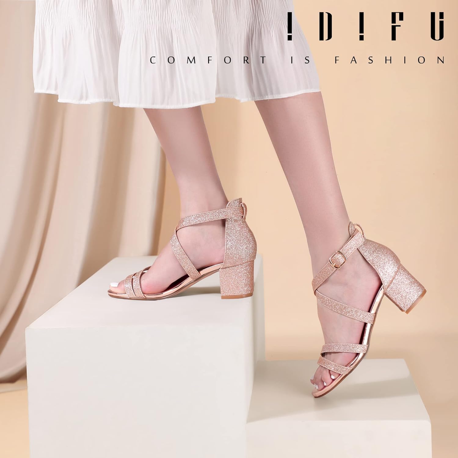 IDIFU Women's Block Low Chunky Heel Strappy Sandals Open Toe Ankle Strap Dress Wedding Evening Shoe for Women Bridal - Image 6