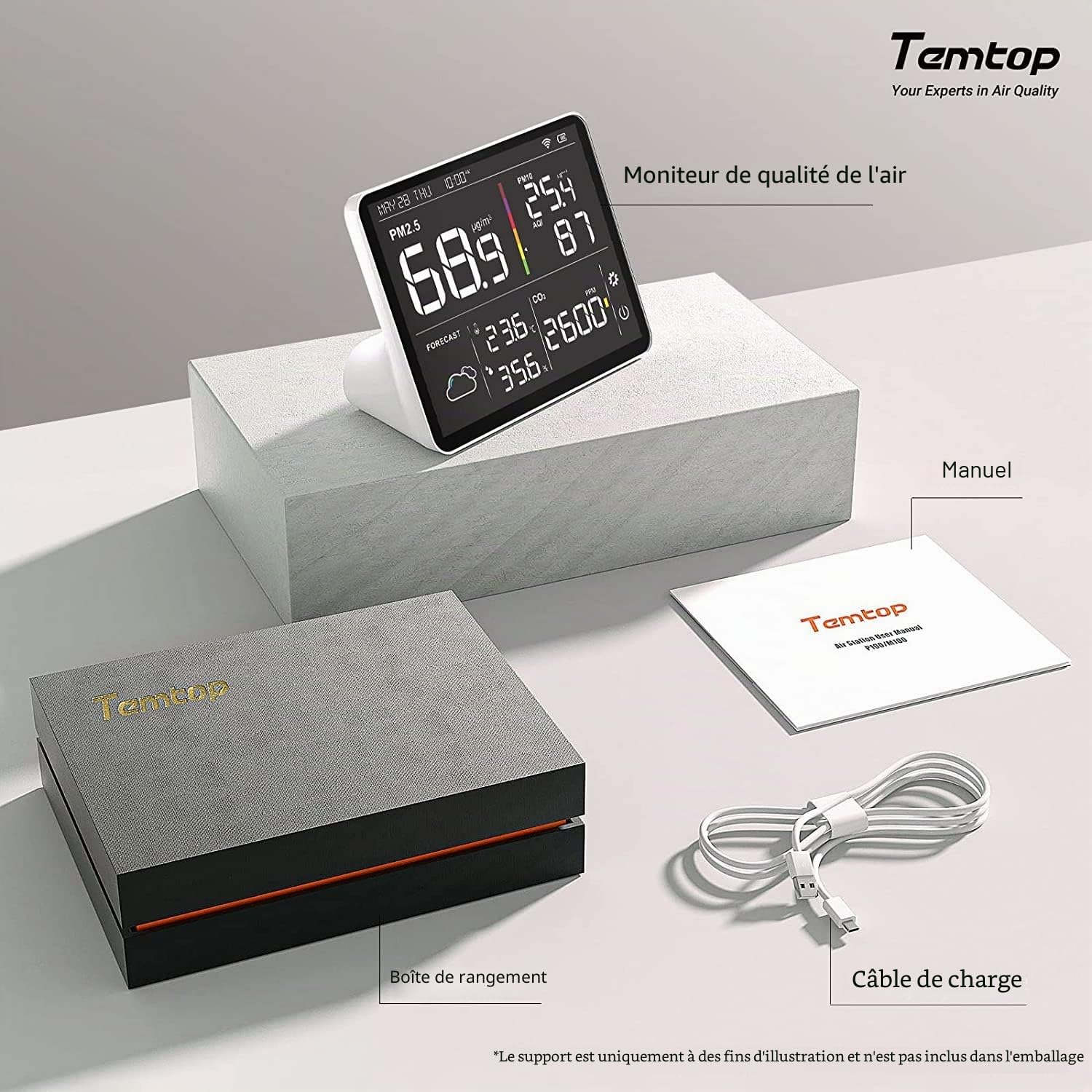 Temtop Moniteur de qualité de l'air Station météo intelligente 8 en 1 avec détecteur de CO2 PM2,5 PM10 Moniteur Température Humidité Prévisions météorologiques