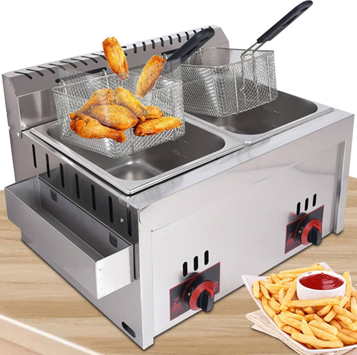 IUokLU Commercial Gas Fryer Double Cylinder Gas Deep Fat Fryer,Stainless Steel LPG Countertop Gas Fryer with Baskets and Lids,Adjustable Firepower,