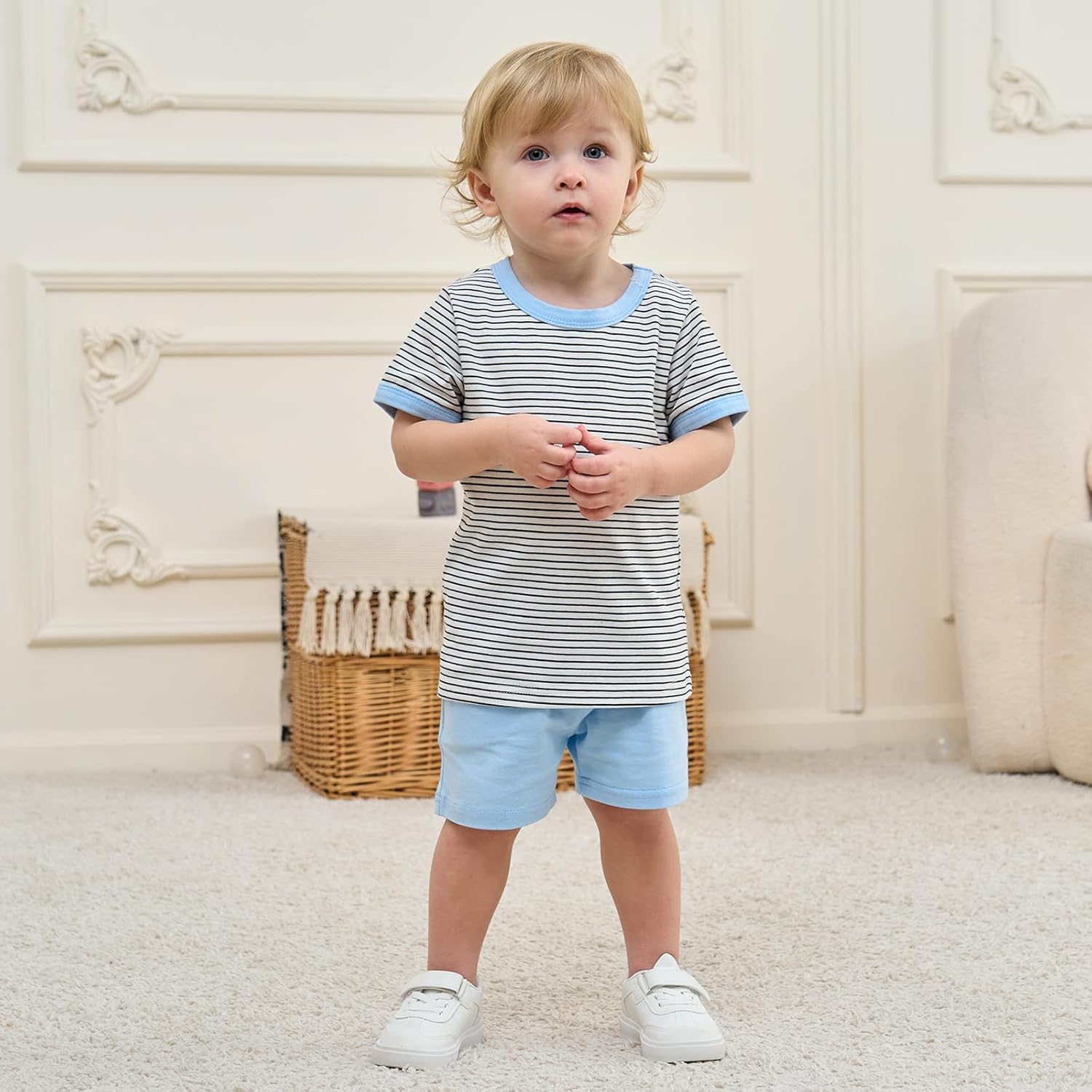 Toddler Baby Boy Summer Outfit Striped Short Sleeve T-Shirt Shorts Set 2-Piece Boys Outfits Clothing Sizes 18M-5T - Image 2