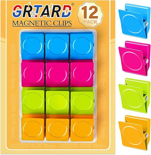 Grtard Paquete de 12 clips magnéticos coloridos, clips magnéticos fuertes para nevera, clips magnéticos de metal para refrigerador, taquilla,