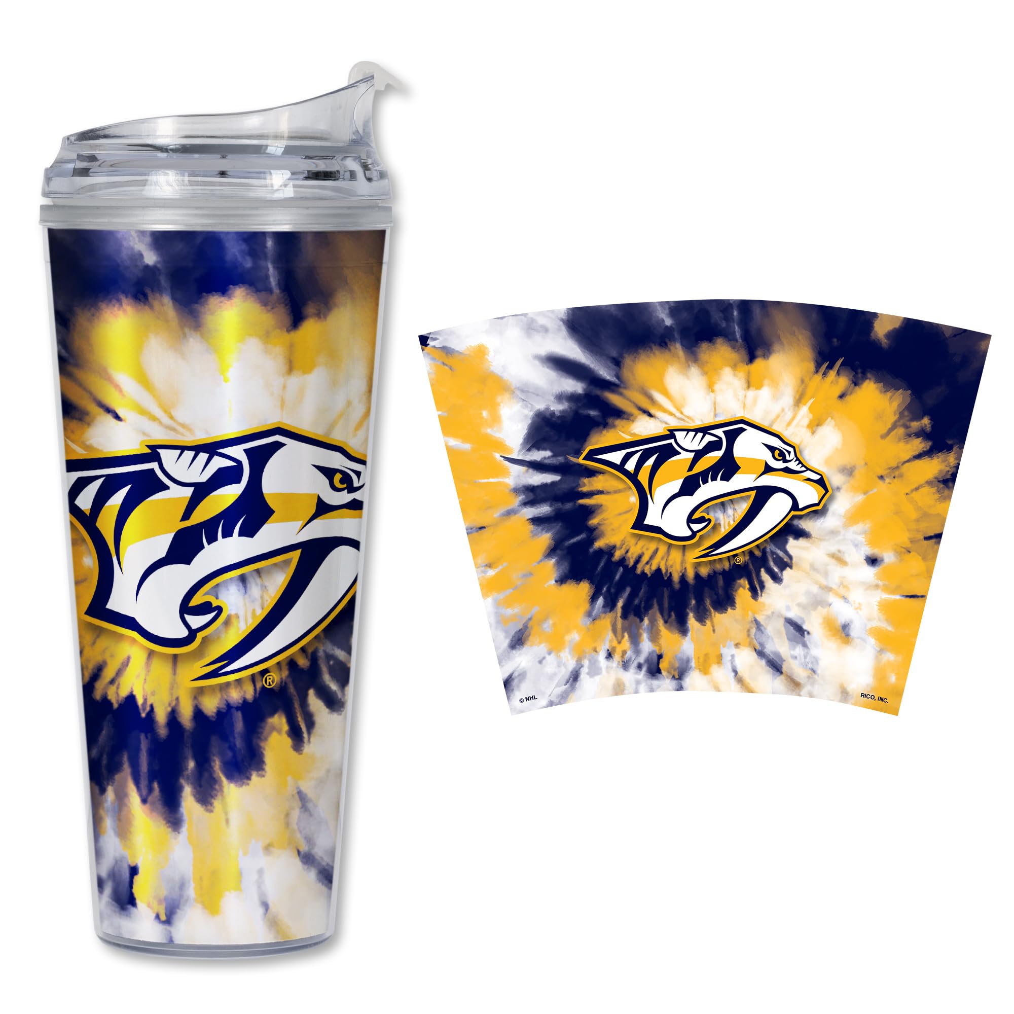 Rico Industries NHL Hockey Team Color Tie Dye 24oz Metallic Acrylic Tumbler with Hinged Lid, Officially Licensed Double Wall Tumbler with Straw
