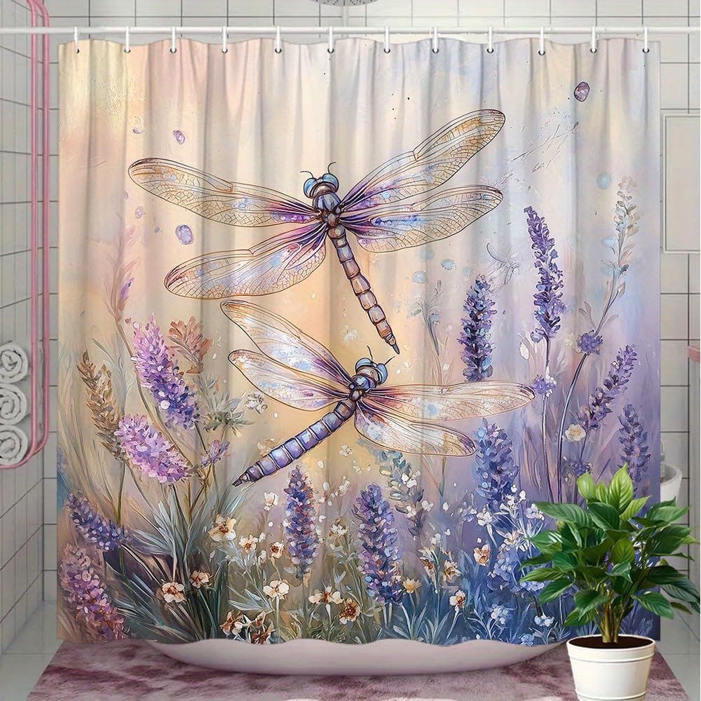 GLWDMB 1 Piece 150x180CM Dragonflies And Lavender Flowers Printed Shower Curtain With Hook, Polyester, for Windows And Walls, Bathtub, Bathroom, Machine Washable, All Season Universal
