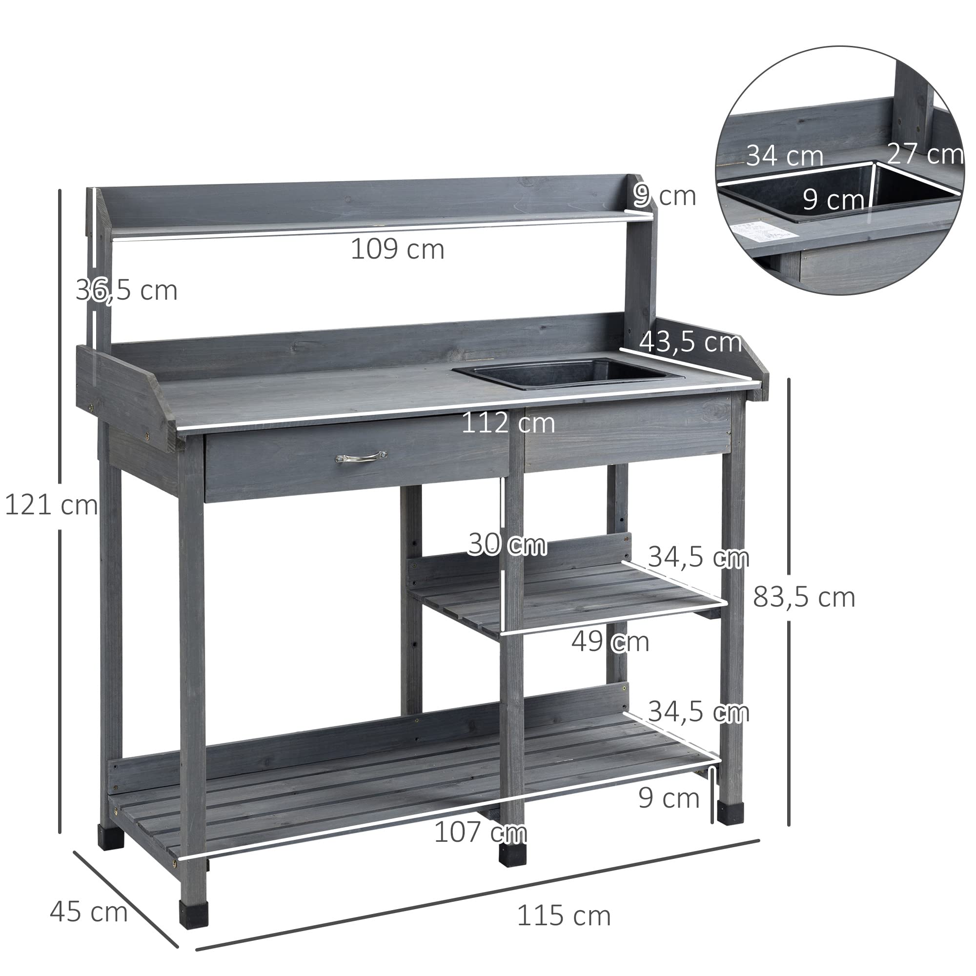 Outsunny Tavolo da giardinaggio multifunzionale con cassetto, 3 ripiani, lavello, 3 ganci - tavolo da giardinaggio in legno di abete preoliato grigio