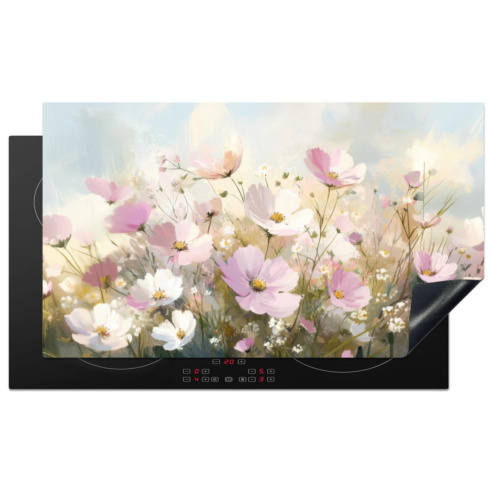 KitchenYeah© Induction Hob Cover Protector Mat 20.5"x35.9" / 91.2x52 cm Kitchen Universal Ceramic Covers for Electric Cookers Vinyl Field of Flowers - Light Shades - Painted
