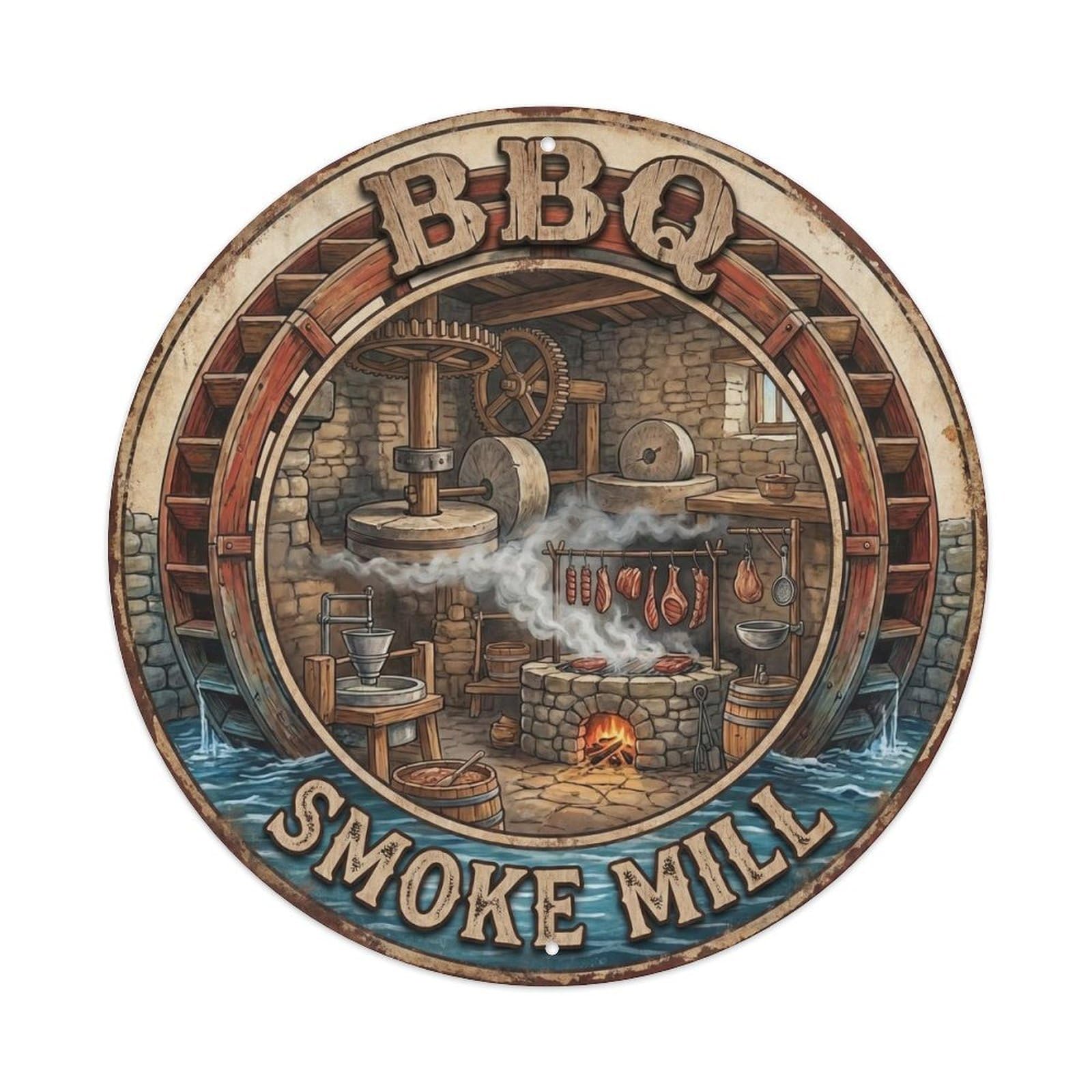 BBQ Barbecue Smoke Mill Vintage Metal Tin Sign Plaque Wall Decor for Cafe, Club, Garden Round Metal Poster 8x8Inch