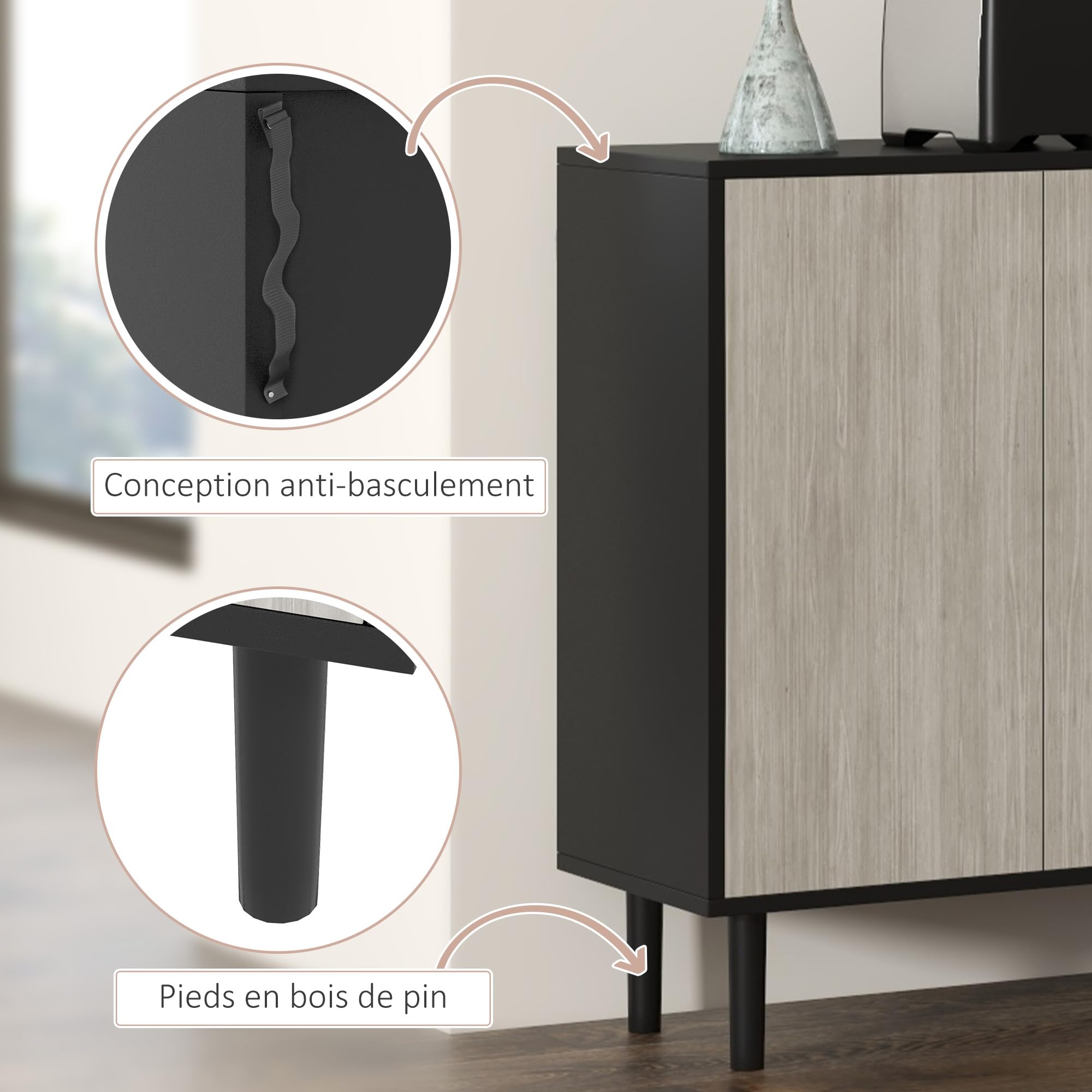 HOMCOM Buffet Cuisine 2 Placards 121x37x75cm Noir et Aspect Bois Gris | Meuble de Rangement, Armoire de Cuisine, Étagères Réglables