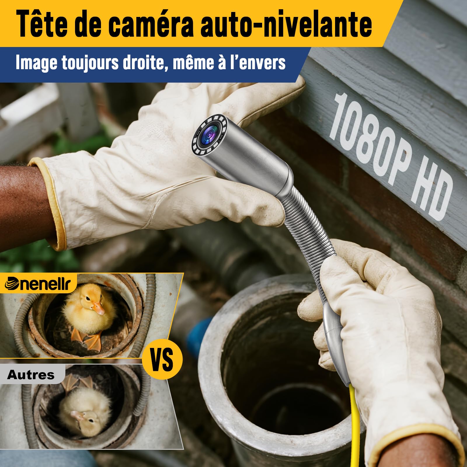 Caméra d’Inspection Canalisation, Caméra Auto-Nivelante 1080P et Émetteur 512Hz, Câble de 50M avec Repères Métriques, Écran IPS HD De 9 Pouces, DVR 32 Go, Batterie 5100 mAh, Étanchéité IP68