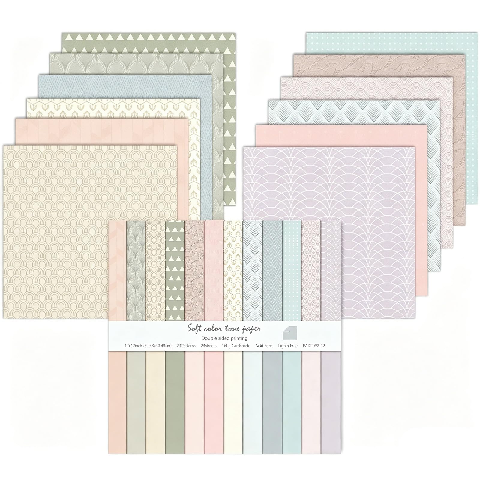 24 Sheets Double-Sided Pattern Paper, 24 Designs, 12 Inch Scrapbooking Cardstock Pad, Decorative Paper for DIY Photo Album and Gift Decoration (Pink, 12 Inch)