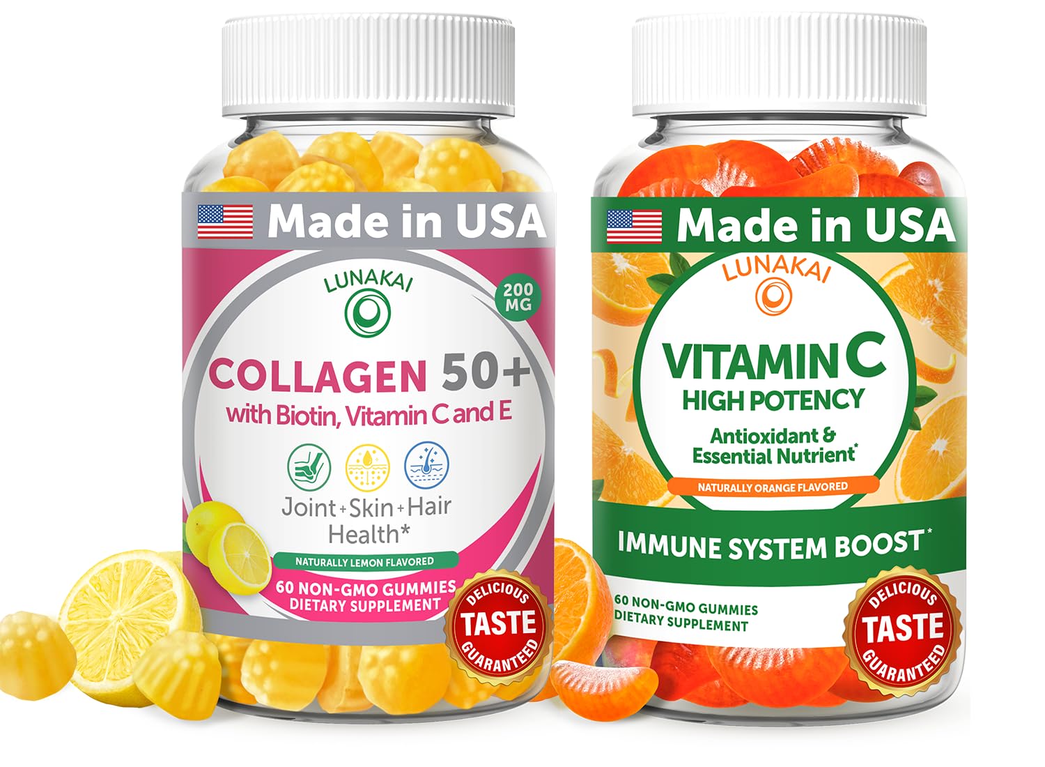 Lunakai USA Made Collagen & Vitamin C Gummies Bundle for Adults 50+, Supports Skin, Hair, Joint Health & Immune Function, Non-GMO, Vegan, Delicious Lemon & Orange Flavors, 60ct Each