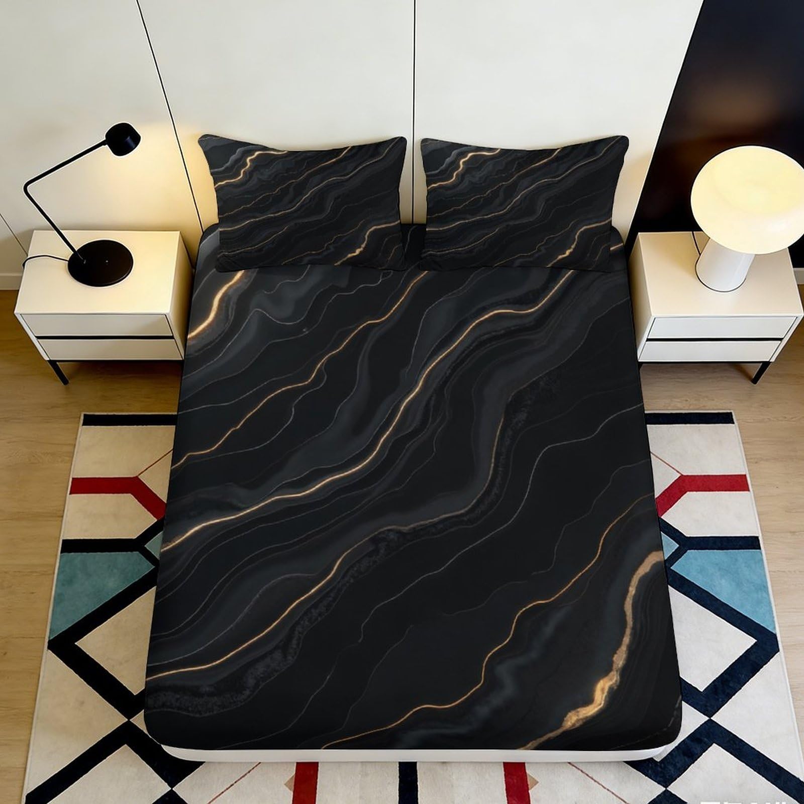 3D Printed Black Marble Fitted Sheet Microfiber Soft Breathable Golden Vein Bed Cover for Bedroom Dormitory Guest Room Mattress Protection 120x200x25cm