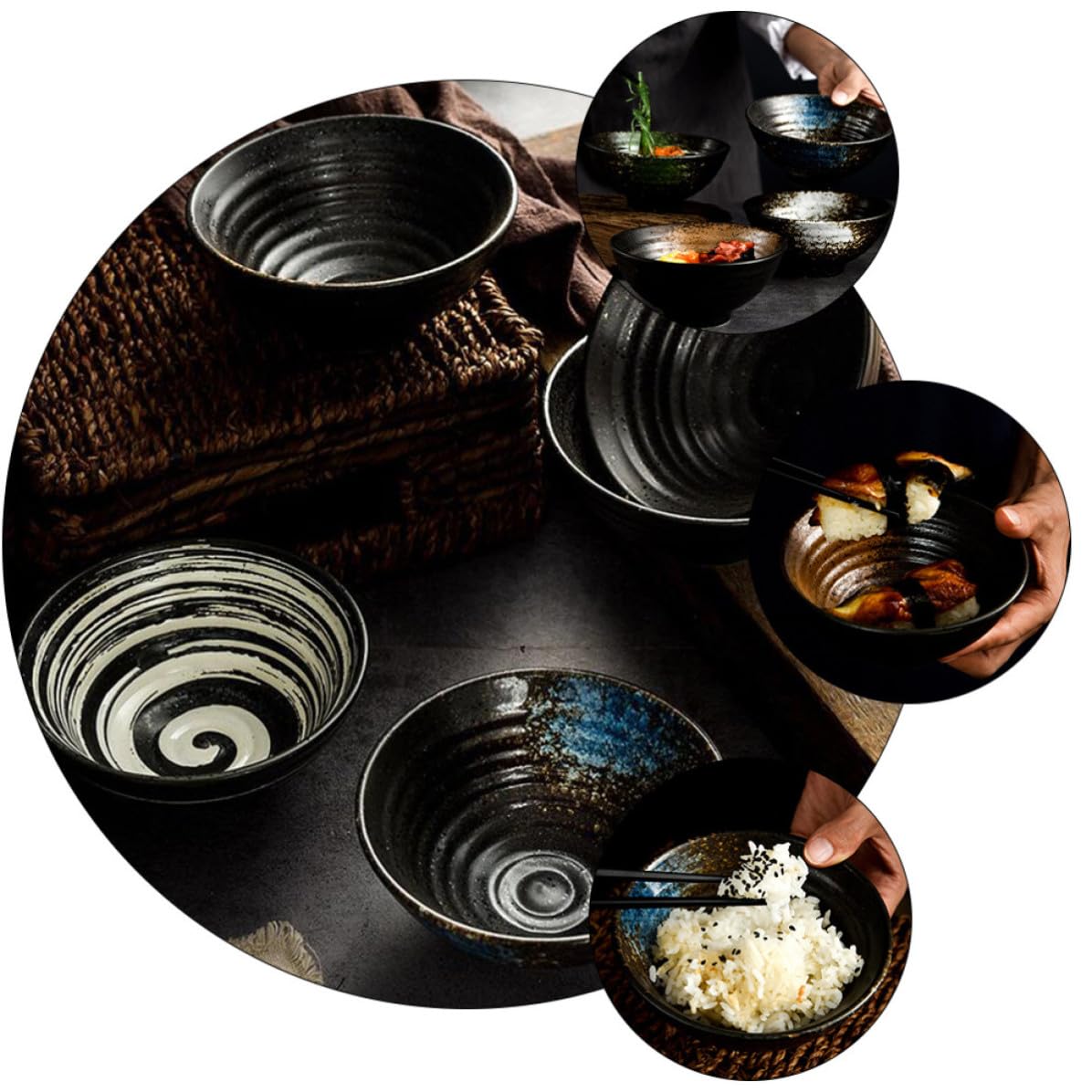Cuenco de Cerámica Japonés Color Aleatorio para Arroz y Sopa y Apto para Comidas Frías o Calientes Fácil de Limpiar 4 Piezas Diseño Tradicional Japonés Adecuado