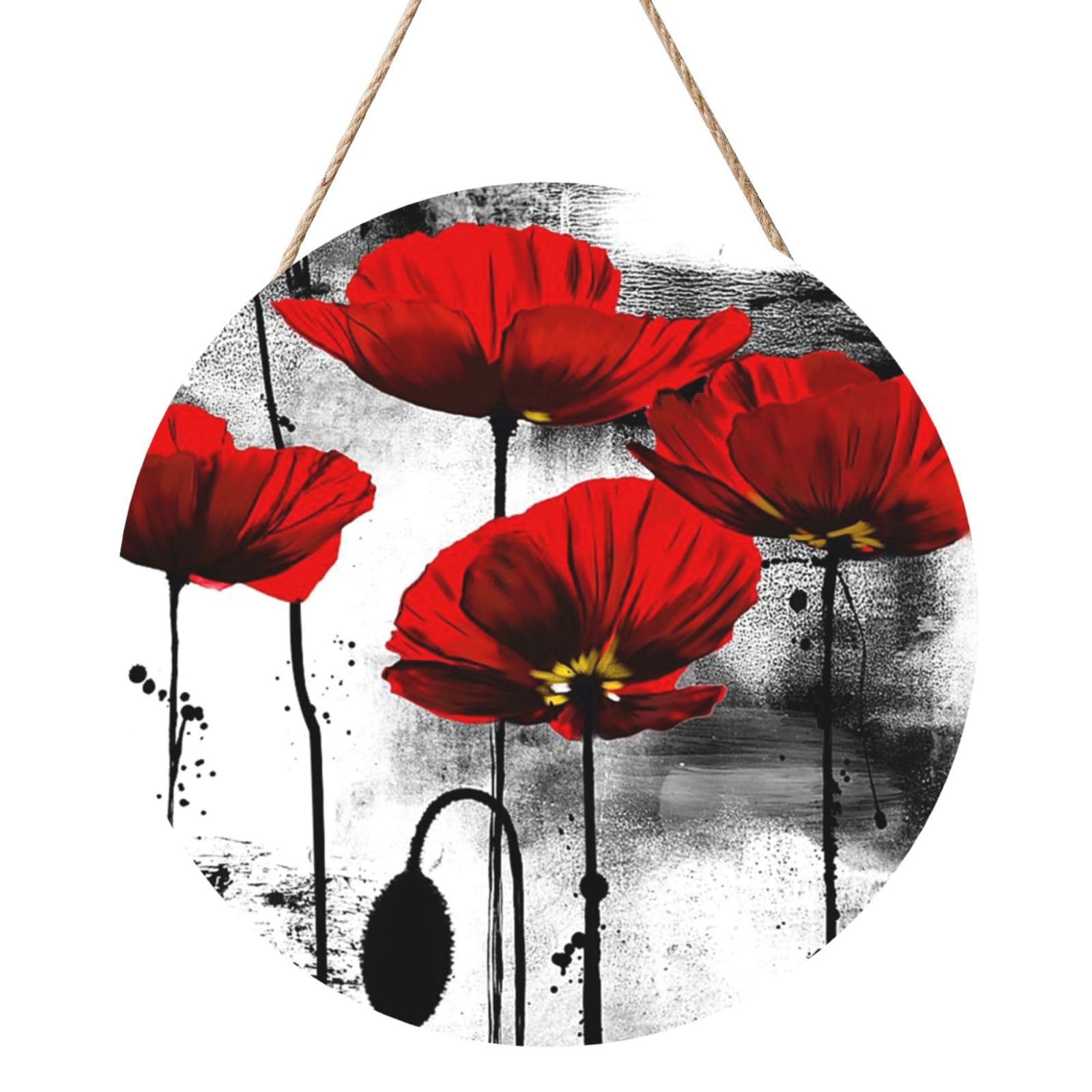 InOmak Beautiful Poppy Flower Ink Printing, Round Wood Panel Painting 12 in, Wall Hanging Painting For Home