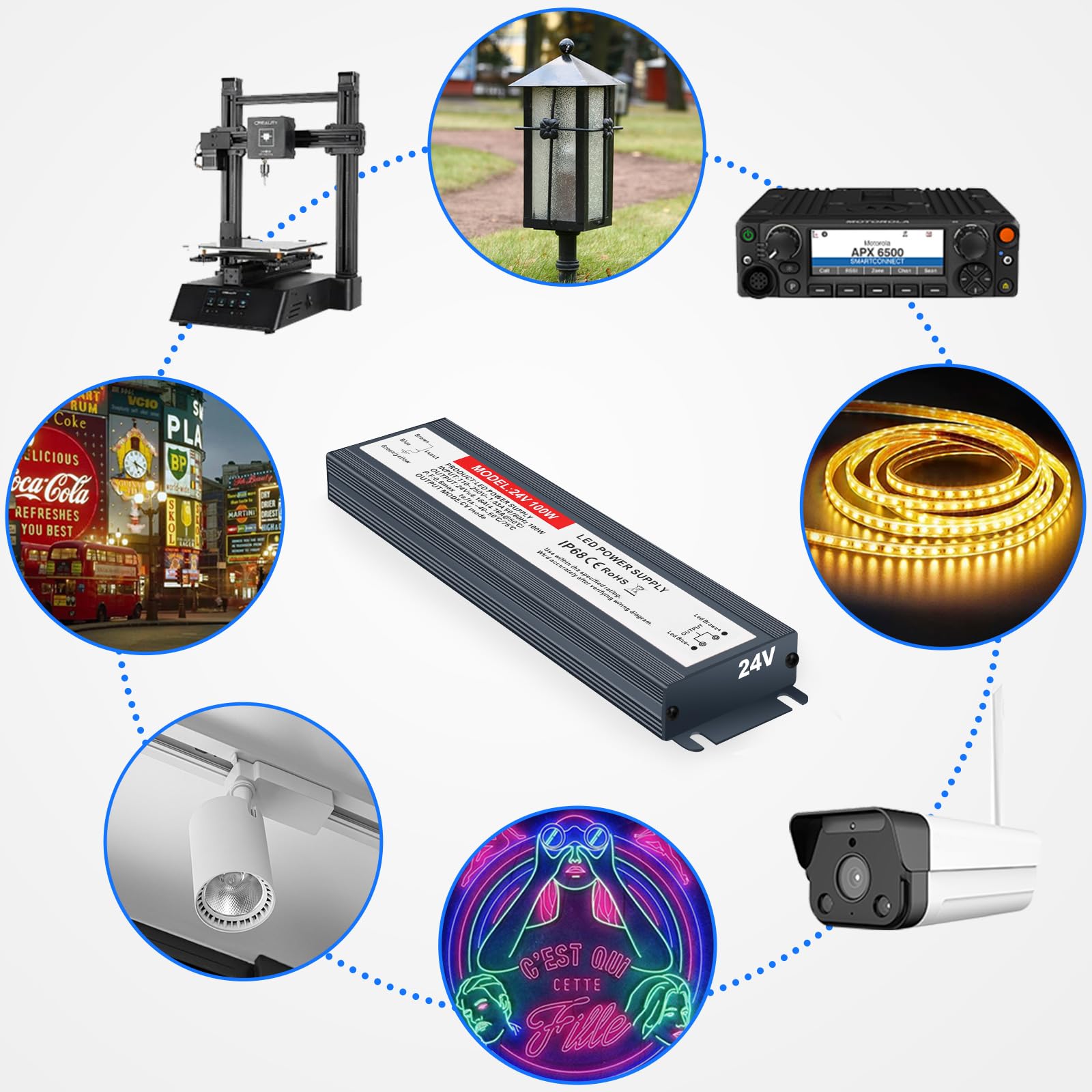 24V Power Supply 100W LED Driver Waterproof IP67, 110V-250V AC to