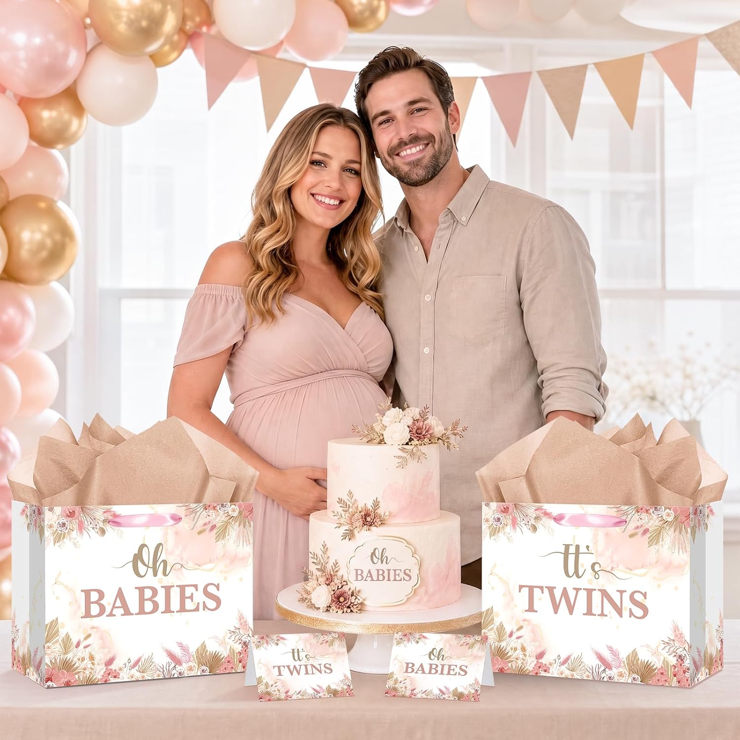 Twins Baby Shower Decorations Bag Boho Pampas Grass It's Twins Oh Babies Gift Bag with Wrapping Papers&card for Gender Reveal Baby Girls Pregnancy Announcement Birthday Newborn Party Decor Supplies image 2