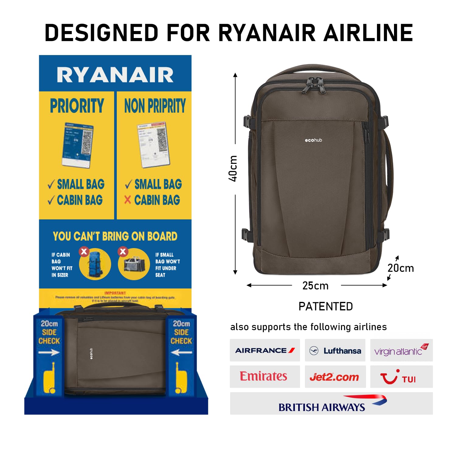 ECOHUB Zaino Ryanair 40x20x25 Zaino da Viaggio 13 Tasche Bagaglio a Mano Zaino Valigia Sotto il Sedile Maniglia Borsa Ryanair Zaino Aereo Ecologica in PET Riciclato da 20 Litri, Brevettato(Marrone)