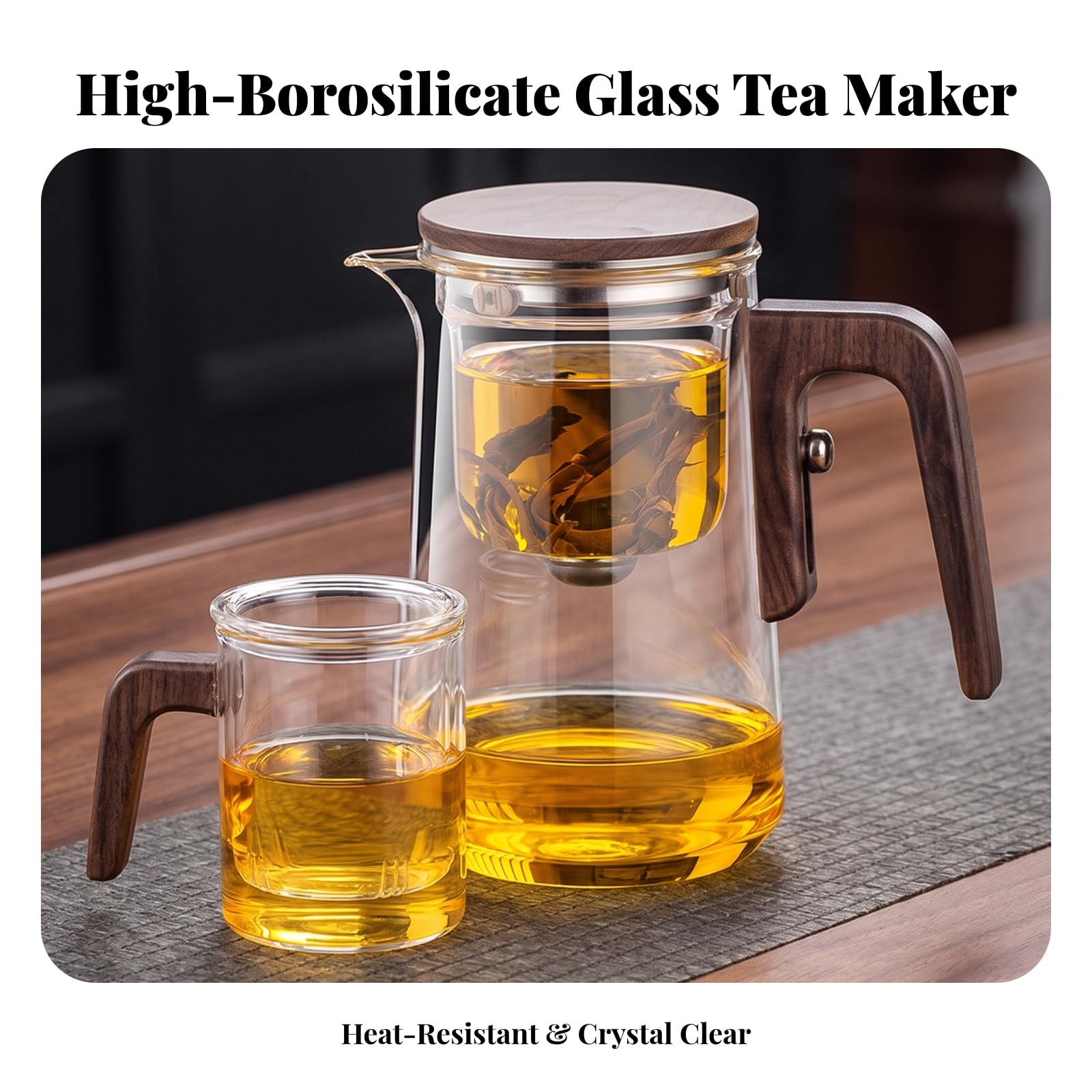 Teekanne Glas Teesieb Glasteekanne, Transparent, Transparent Mit Walnussholz-Elementen, 800 Ml
