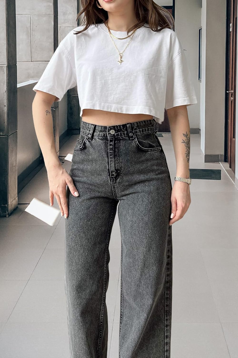 Women's Wide Leg Straight Jeans High Waist Stretchy Boyfriend Classic Denim Pants - Image 8