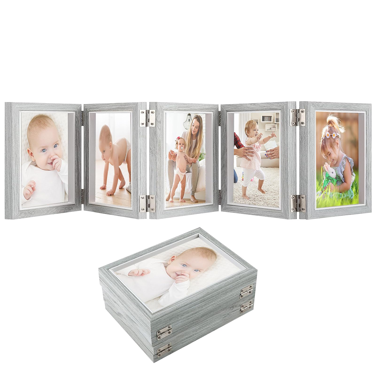 4x6in 5 Folding Picture Frame - Christmas Collage Photo Frame for Desk, Foldable Hinged Photo Frame with 5 Opening, Tabletop Multiple Family Picture Frame for Christmas Birthday Gifts (Gray Blue)