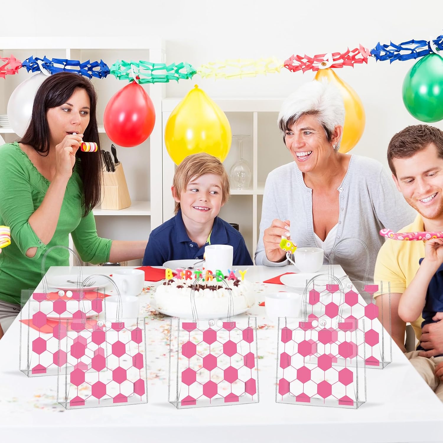 24Pcs Pink Soccer Clear PVC Gift Bags with Handles Bulk Sport Theme Goodie Treat Candy Bags Team Present Wrap Tote handbags for Boys Girls Birthday Party Favor Baby Shower Decorations Supplies - Image 5