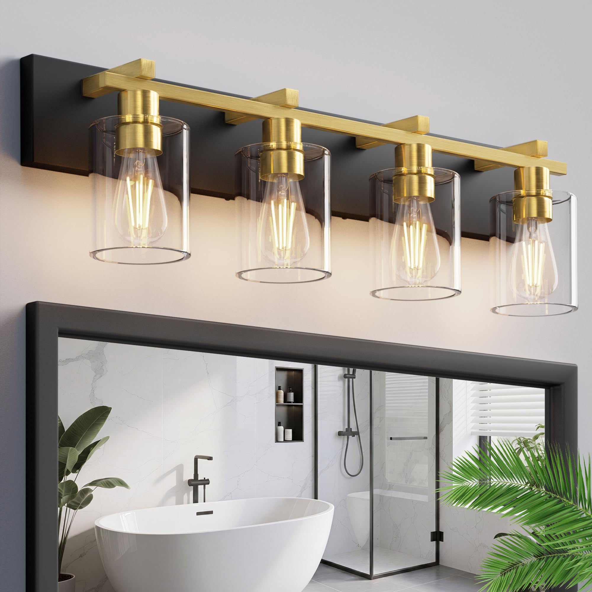 4-Light 30inch Black and Gold Vanity Light, Thickened Clear Glass | Over Mirror for Bathroom, Rust Resistant, E26 Base, Easy Install, Removable Glass Shade Horizontal Mount, Dimmable