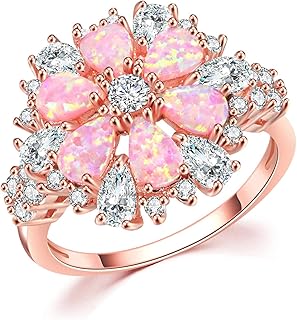 Opal Ring-14K Rose Gold Plated Pink Opal Cubic Zirconia CZ Ring Gemstone Ring for Women Size 5-12