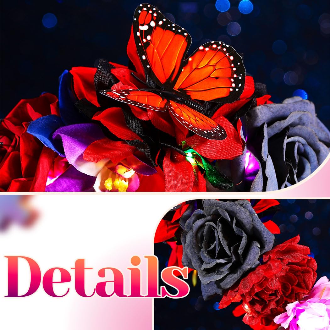 Handcess Light up Mexican Flower Crown Headband LED Butterfly Hair Band Glowing Costume Hair Hoop Party Floral Hair Accessories for Women - Image 3