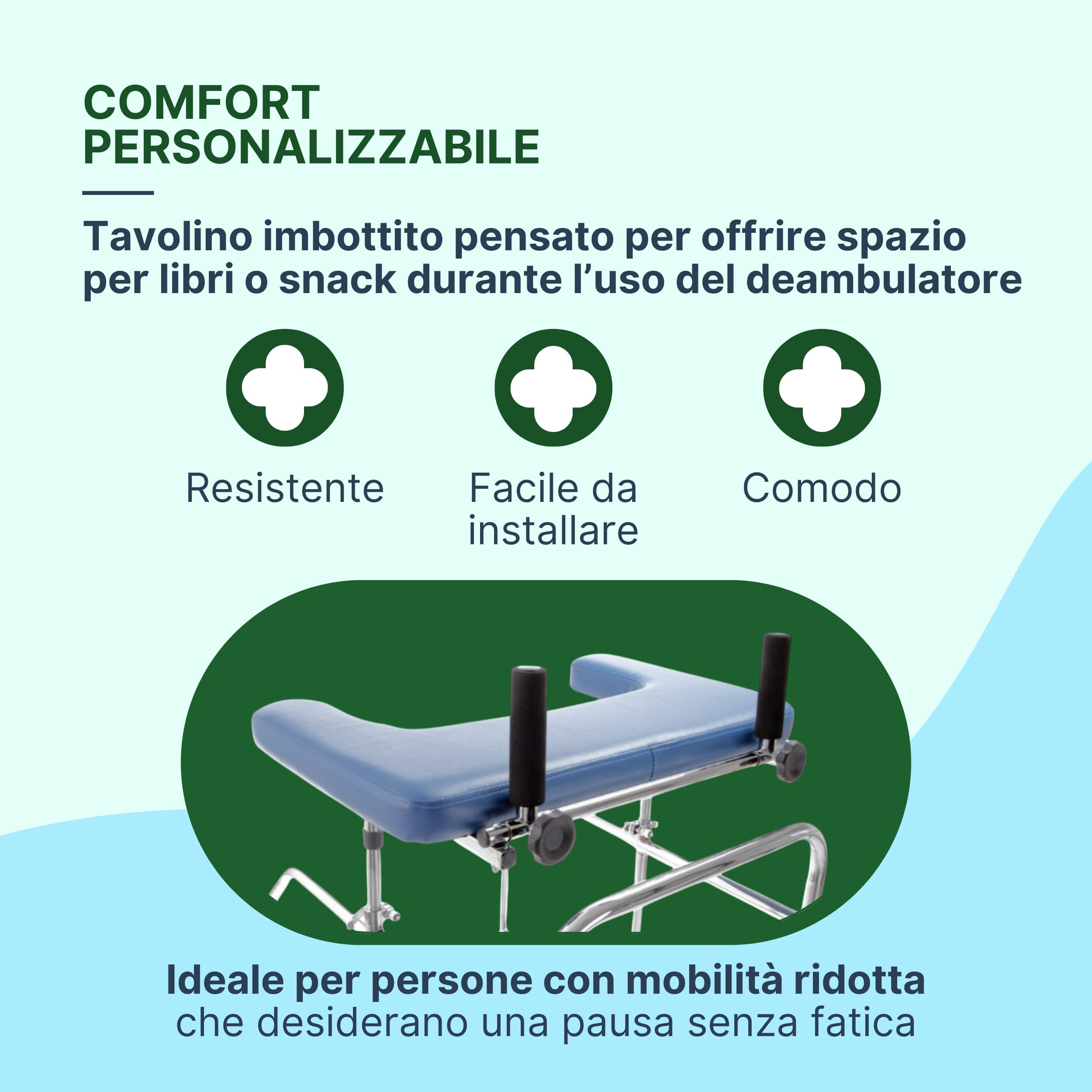 Tavolino Imbottito per Deambulatore e Rollator, 66x41 cm | Appoggio Antibrachiale Alto 10 cm, Superficie Imbottita per Appoggio a Tavolo