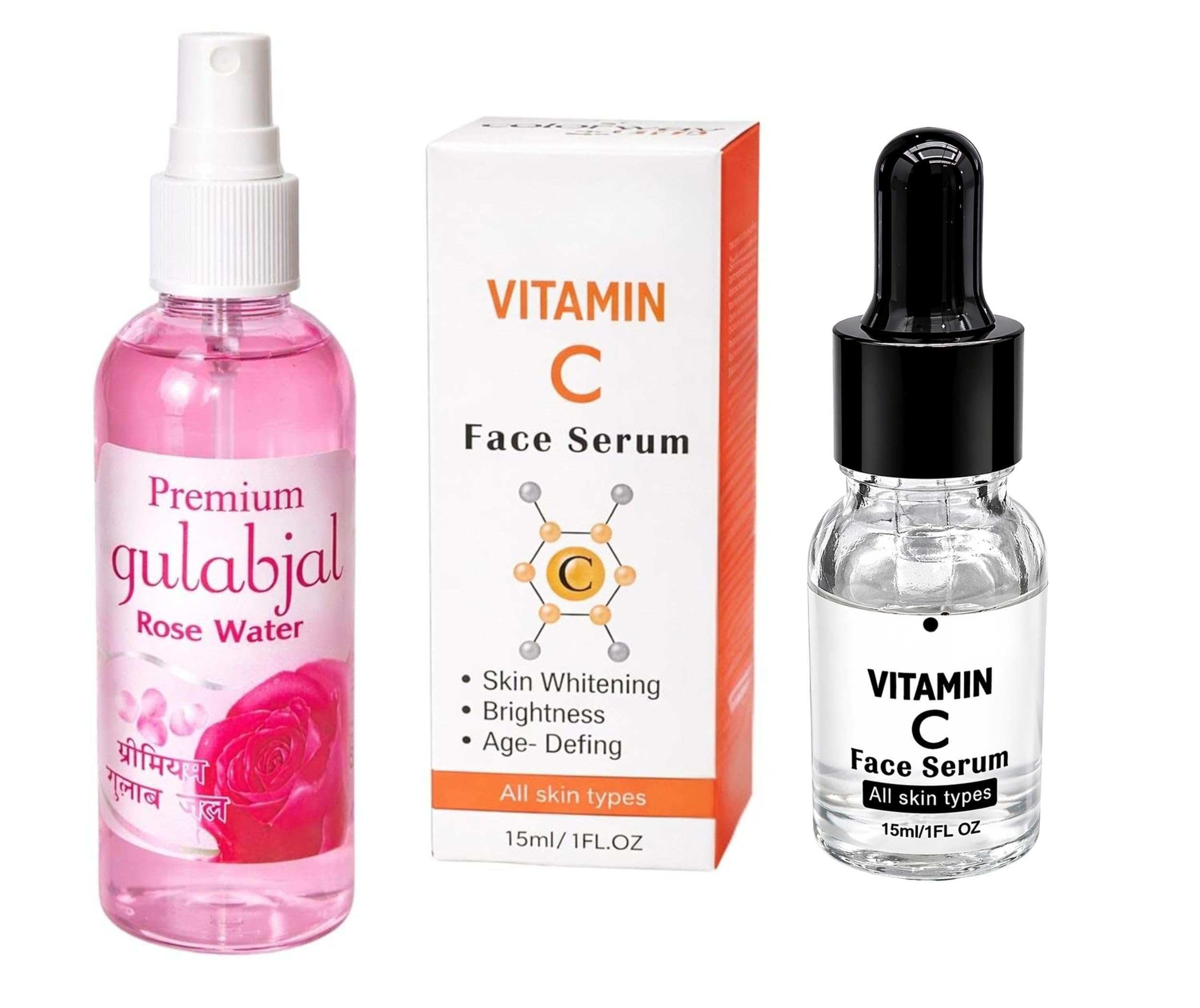 Colorway Professional Skin Glow Duo – Advanced Vitamin C Face Serum (15ml) & Premium Rose Water (Gulabjal) Face Mist | Brightening, Anti-Aging & Pore Tightening Skincare Kit for Radiant Skin finish