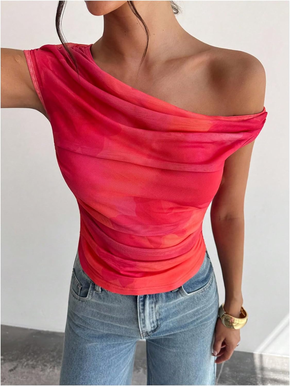 OYOANGLE Women's Floral Tie Dye Off The Shoulder Mesh Summer Vacation T Shirt Ruched Cap Sleeve Y2K Going Out Top - Image 3