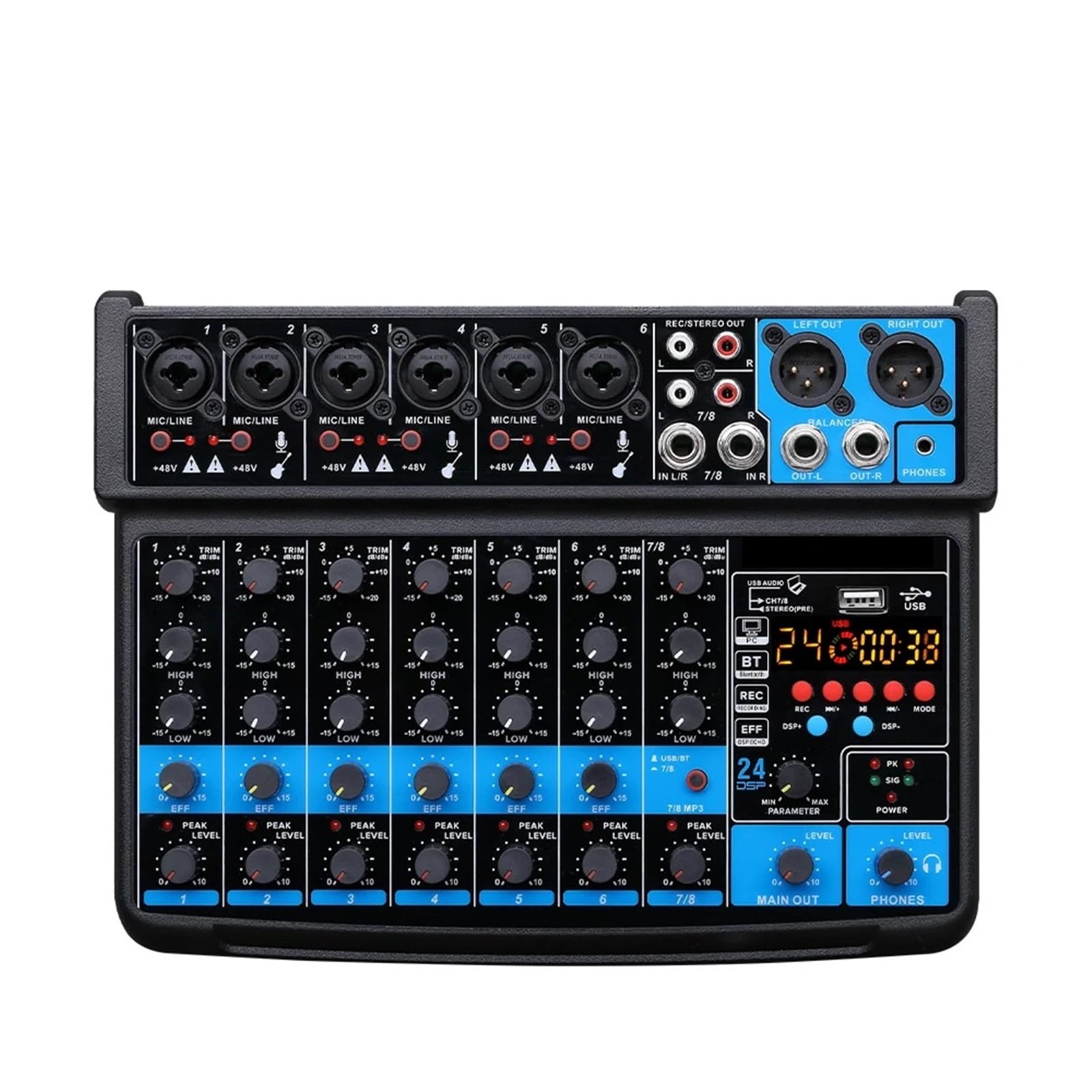 DJ Sound Console 8 Channel Mixer Line Mixer DC 5V with MP3 Bluetooth 48V 24DSP Effects USB Recording for Studio Recording