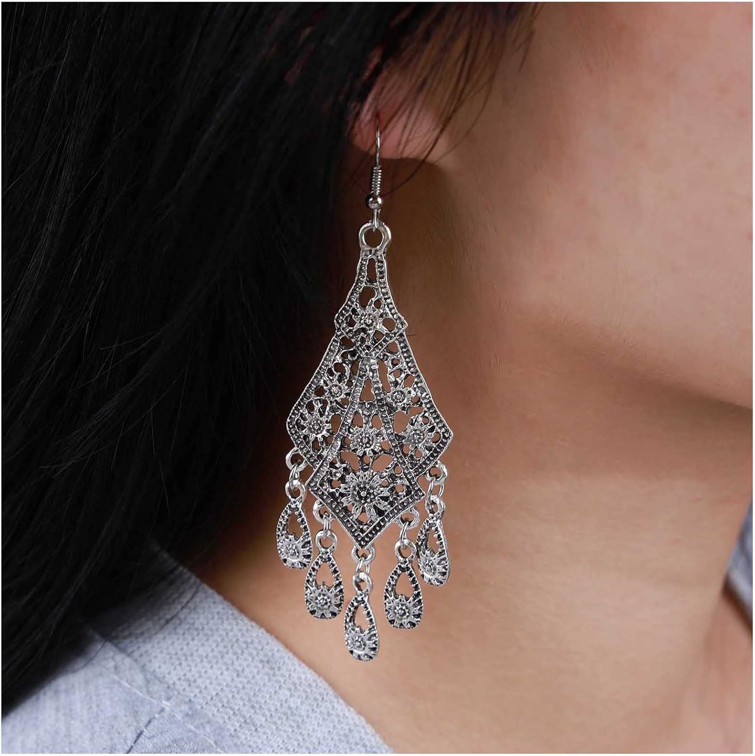 Vintage Filigree Tassel Earrings Silver Fringe Chandelier Earrings Tribal Hollow Out Filigree Earrings Long Chain Earrings Gypsy Statement Earrings Jewelry for Women - Image 2