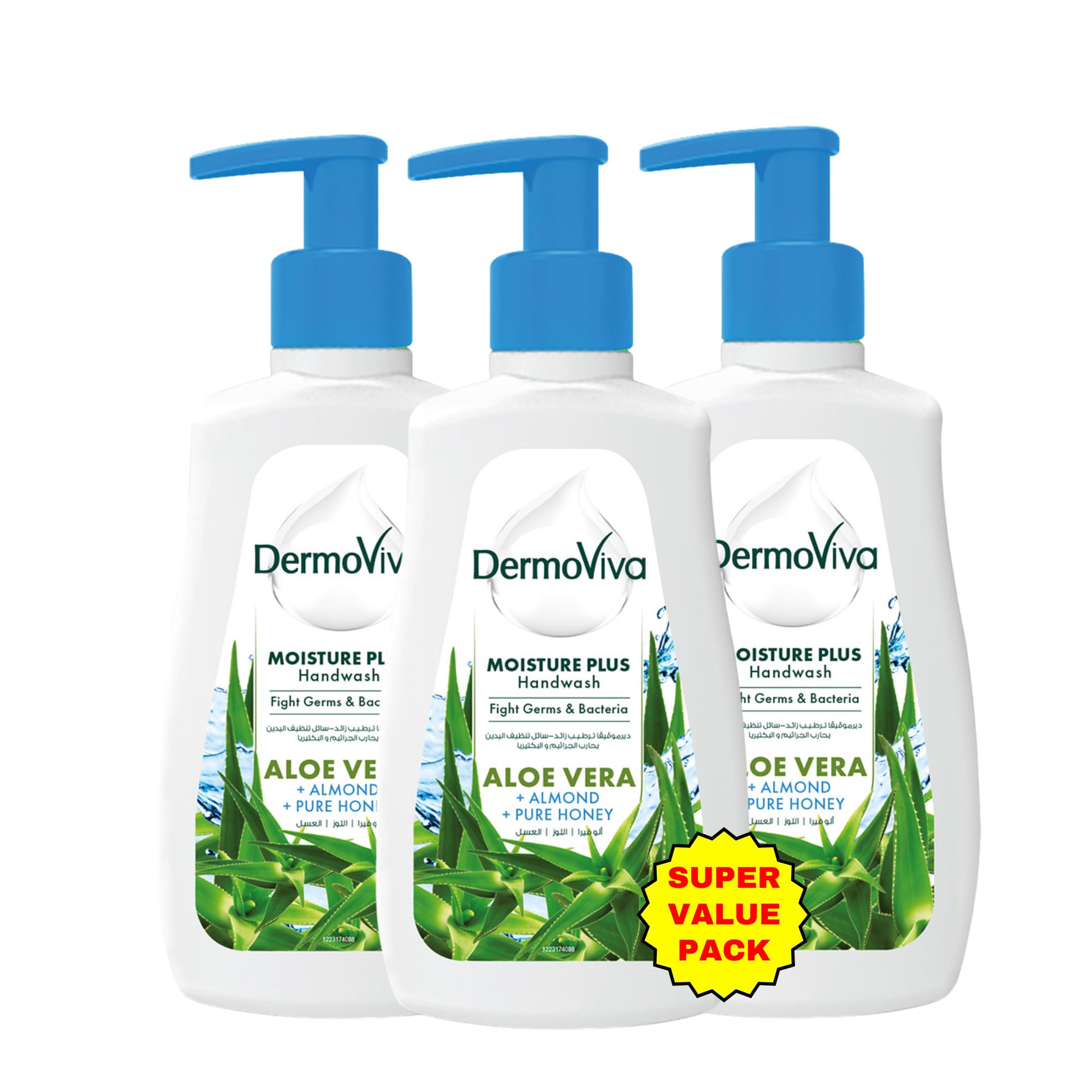 Dermoviva Moisture Plus Handwash 3x200 ml | Fights Germs & Bacteria | With Aloe Vera, Almond & Pure Honey Extracts | Super Value Pack
