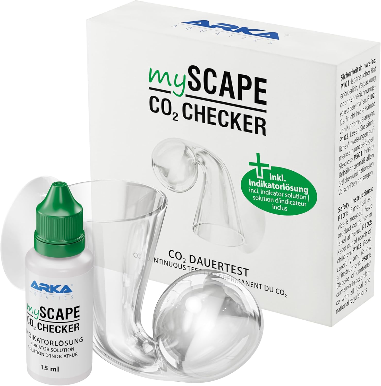 ARKA mySCAPE-CO2 Checker – inklusive 15 ml Indikatorlösung – CO2-Dauertest mit Farbdisplay für präzise Überwachung in Süßwasseraquarien, unverzichtbar für Aquascaping