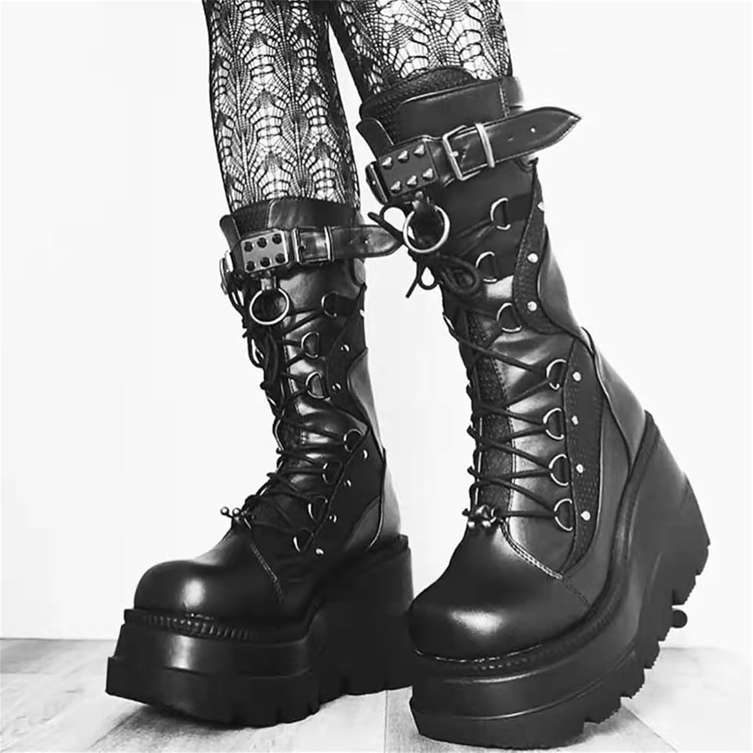 Womens Gothic Punk Platform Boots Chunky Wedge Heel Combat Boots Lace-Up and Zipper Mid Calf Motorcycle Boot