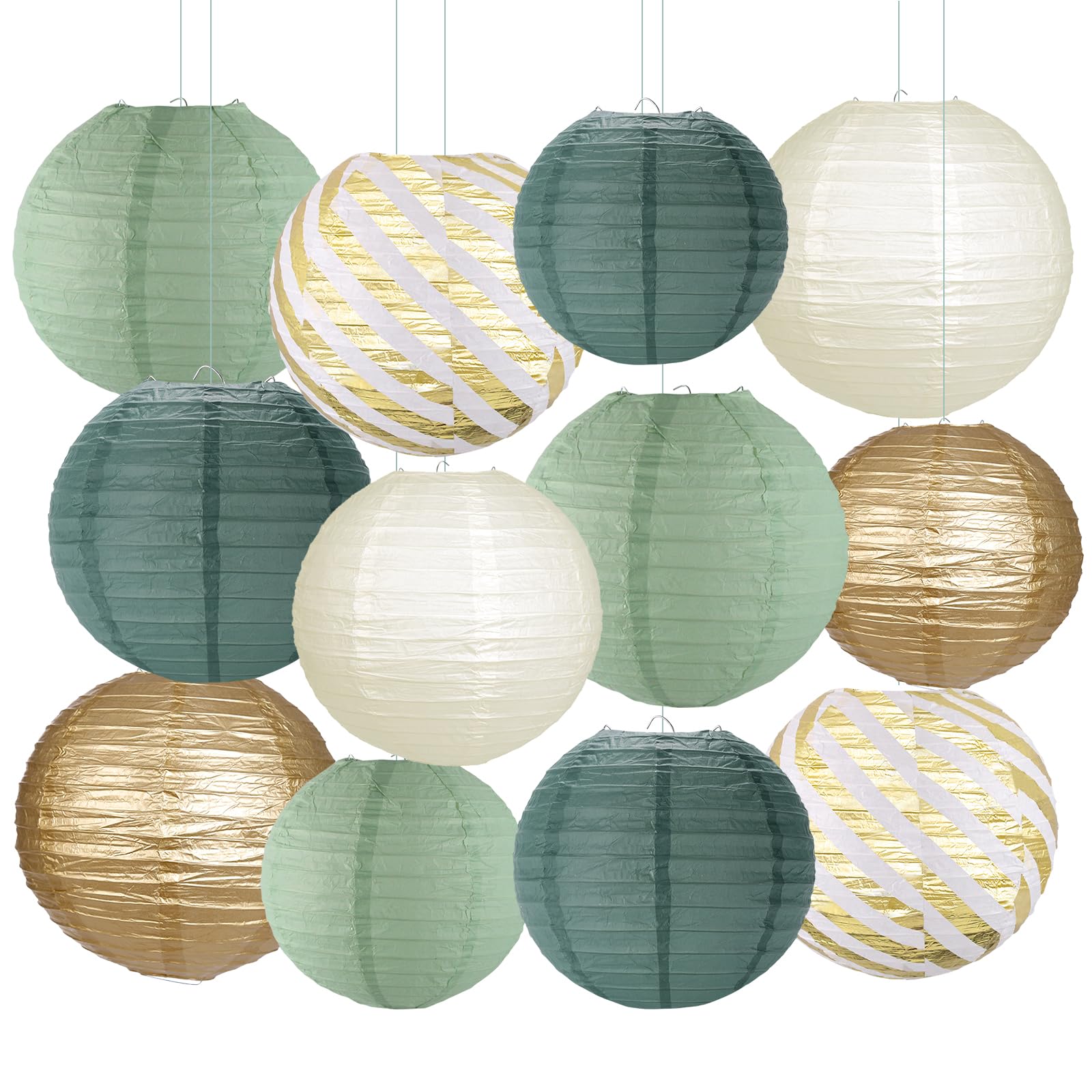 Paper Lanterns Party Decorations, Sage Green and Gold Hanging Paper Lanterns for Baby Shower Wedding Baptism Sage Green Birthday Party Decor Pack of 12 (Sage Green/Gold)
