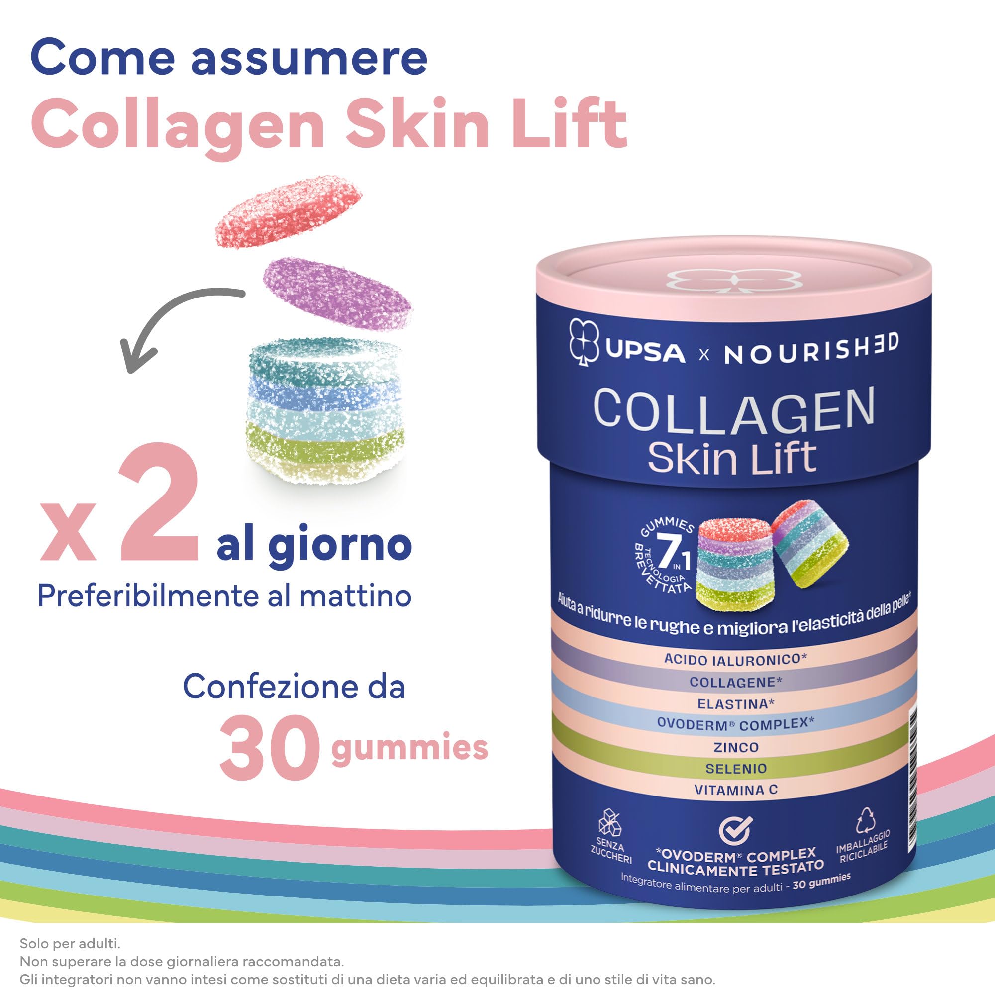 UPSA x Nourished Collagene Skin Lift, 30 Gummies, Integratore Alimentare con Acido Ialuronico ed Elastina, Caramelle Gommose Gusto Frutta, Senza Zucchero, Vegetariano