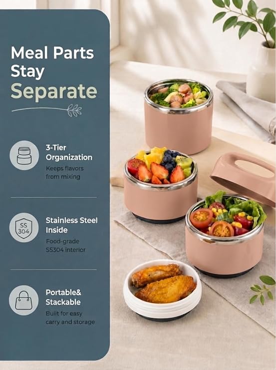 Lille Home Stainless Steel Lunch Box, Stackable 3-Tier, 1380ml