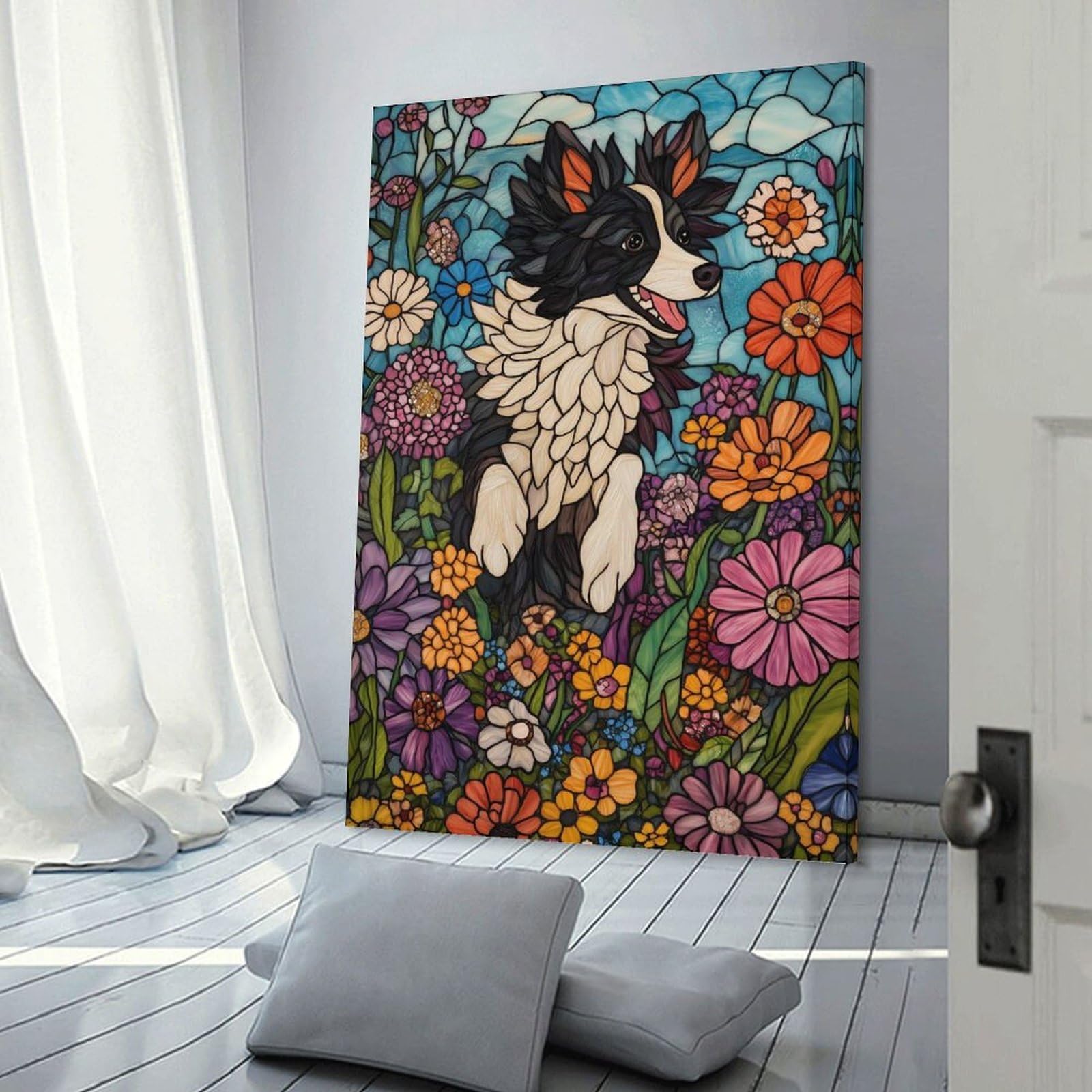 Junmoney Frame-Style-7 Canvas Wall Art Stained Glass Dog In Flowers, 20X30inch(50X75cm), For Lounge, Study, Hallway Or Flat Walls, Canvas Wall Art That Fits Changing Layouts
