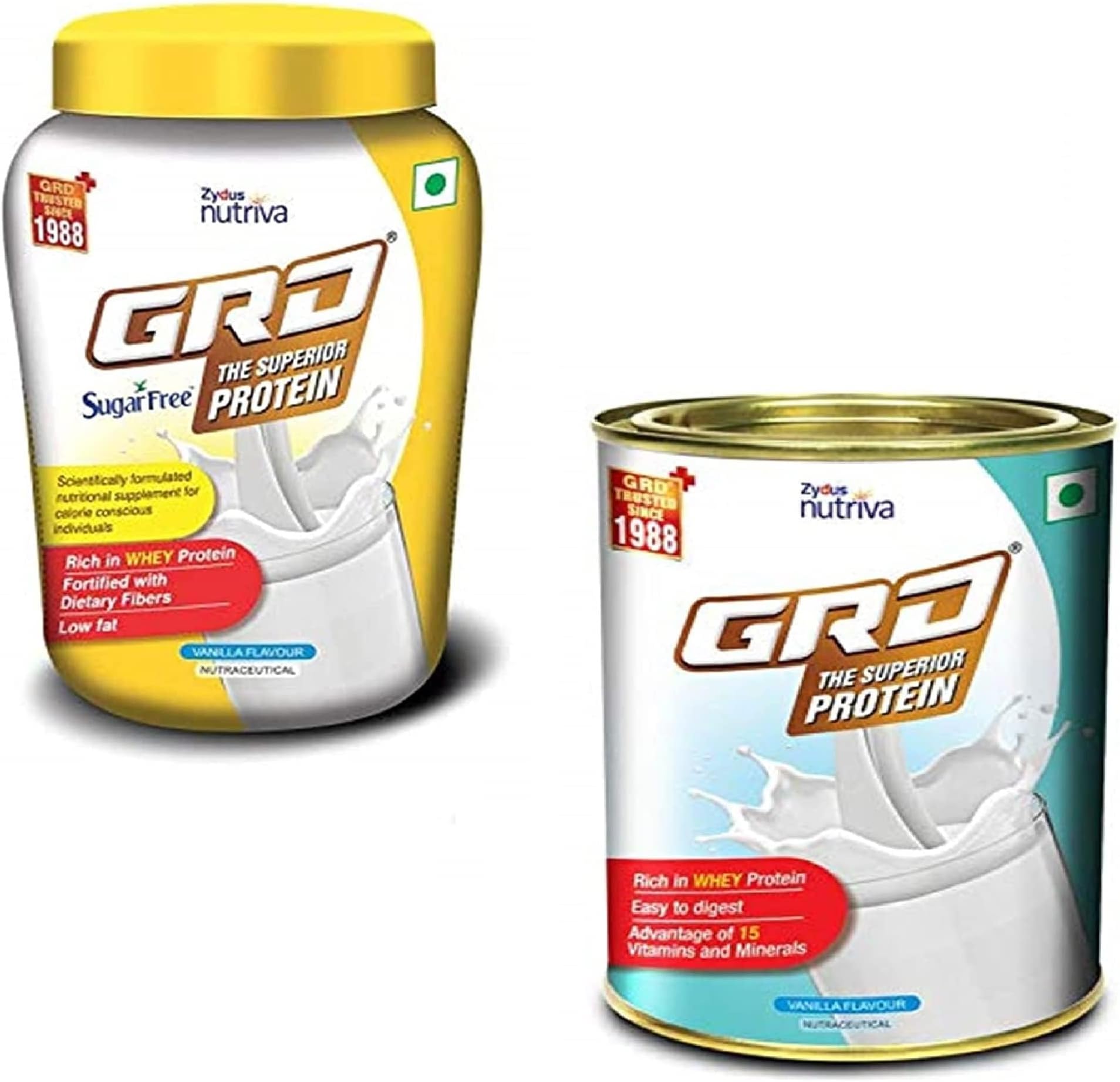 GRD Sugarfree Complete Nutritional Supplement for Adults With No Added Sugar (Vanilla) 200g & GRD Superior Protein Powder for Adults with 15 Essential Micronutrients To Support Strength (Vanilla) 200g - Pack of 2