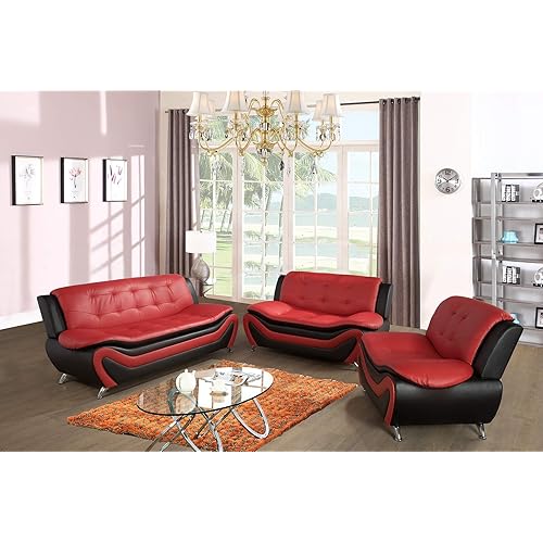 Ainehome 3 Piece Faux Leather Contemporary Living Room Sofa, Love Seat, Chair Set, 2-Tone Black&Red