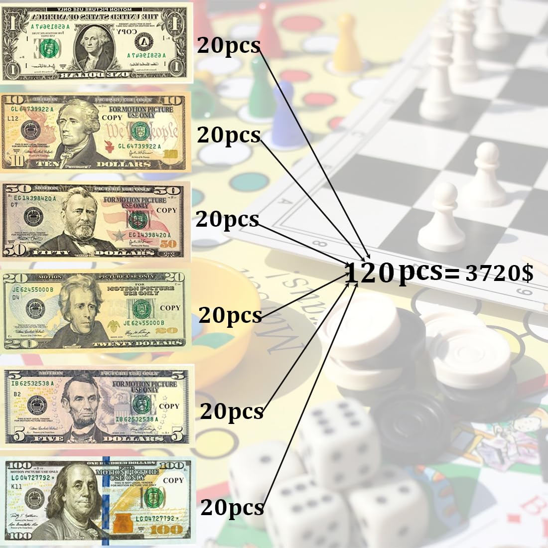 120 arkuszy Scratch Cash, symulowane dolary, zestaw monet do gry, 20 x 1 $, 5$, 10$, 20 $, 50 $, 100 $, pieniądze z filmu Dolar, Playset gotówkowy na rekwizyty kinowe, gry kasynowe