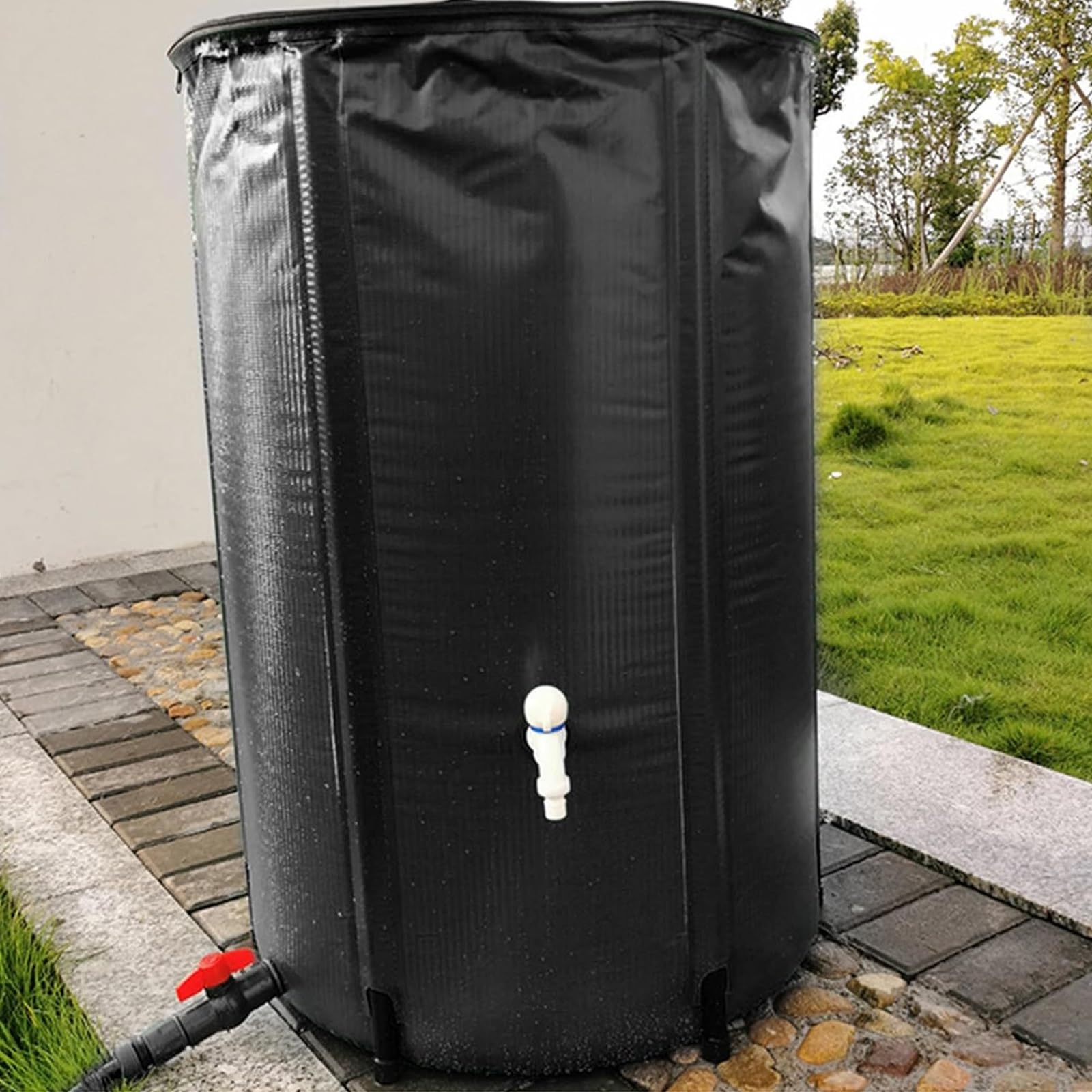 Kit plegable de barril y tope de agua de jardín con grifo de soporte y cubierta de cremallera, sistema de colector de agua de lluvia de 225 L (negro, 60 x 80 cm)