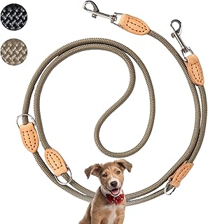 3 m Verstellbare Multifunktions-Hundeleine aus Nylon & Leder – Führ-, Schulter- & Hüftleine für kleine bis große Hunde – Robust für Training, Spaziergang & Joggen (Kaki, 3m x 0.8cm)