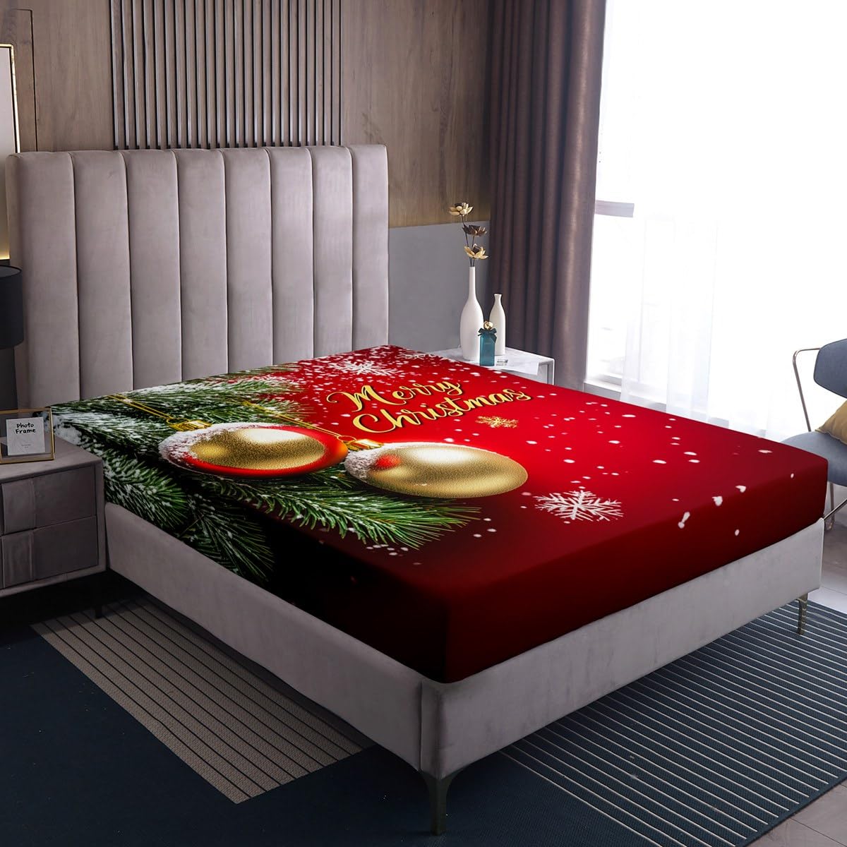 Homewish Juego de ropa de cama con diseño de campanas de Navidad doradas, sábana bajera ajustable de copo de nieve, para niños, adolescentes, niñas, adultos, temática de Año Nuevo, 3 piezas