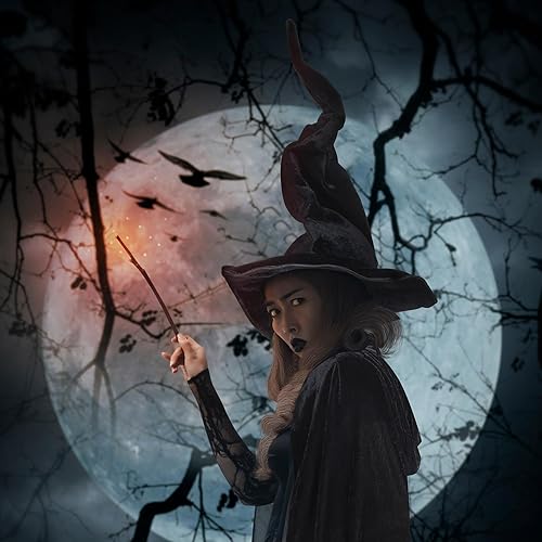 Miniatura 6 de Enhon Conjunto de disfraz para Halloween, capa con capucha y sombrero de bruja, capa de terciopelo negro y sombrero de mago malvado para mujer,