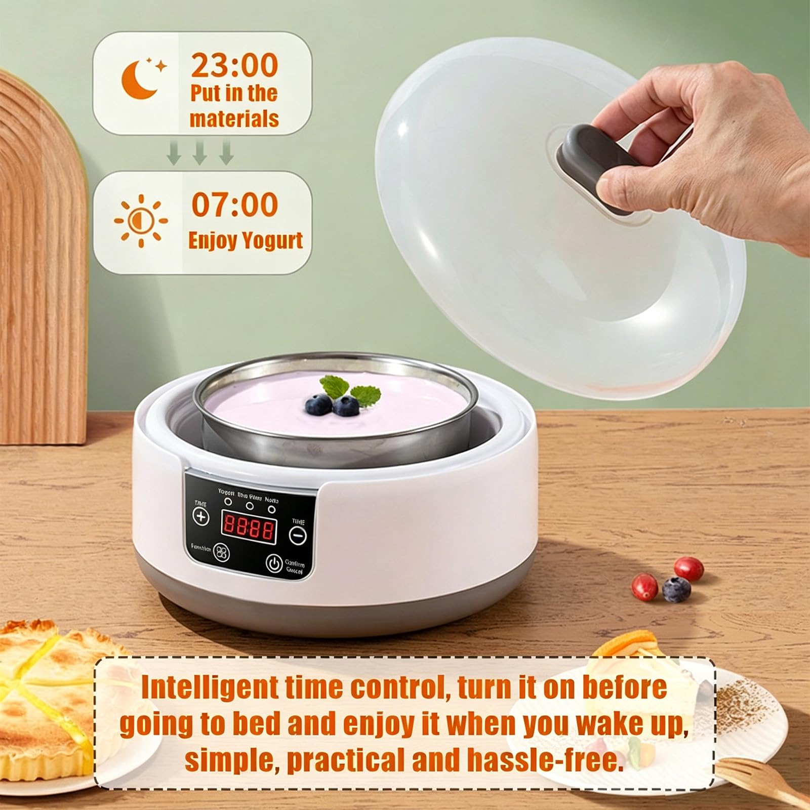 Fabricador de Yogur de 1.2L, Fabricador de Yogur Eléctrico con Pantalla LCD, Tiempo y Temperatura Ajustables, Tarro de Yogur con 5 Tazas, Fabricador de Postres Casero para Yogur Griego Casero