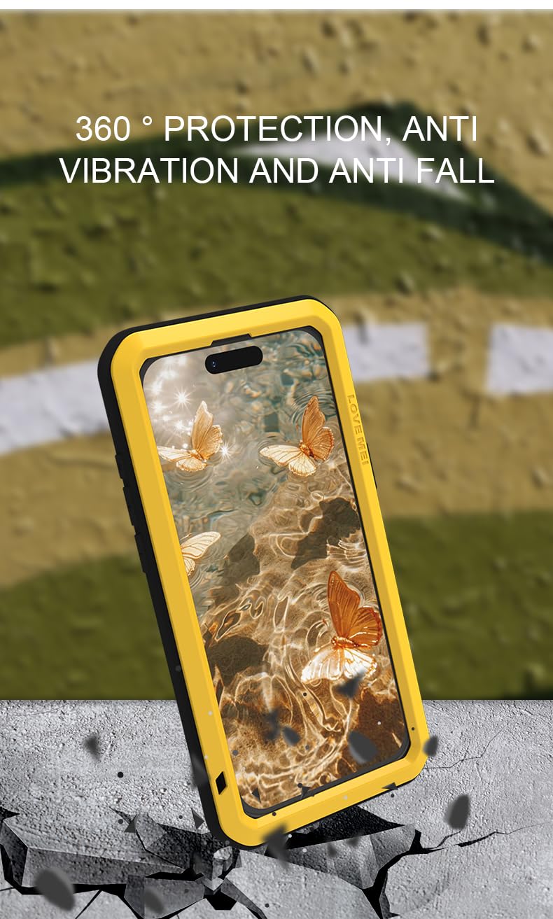 LOVE MEI Custodia in metallo per iPhone 17 Pro Max, resistente agli urti, antipolvere, in alluminio, in metallo militare, con vetro temperato per iPhone 17 Pro Max (giallo)