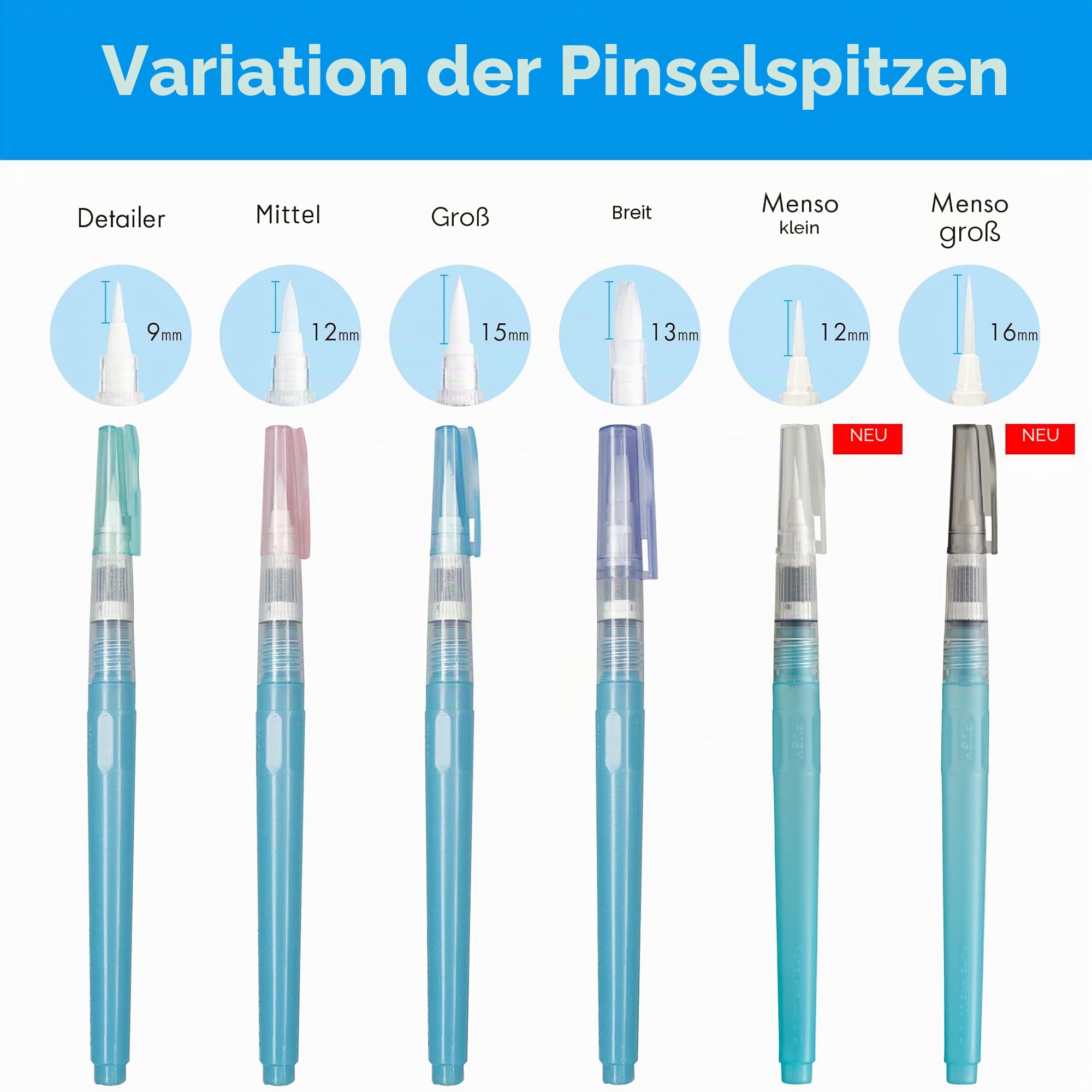 Kuretake Zig Wasserpinselstift BRUSHS2O lang, 6 Varianten, Set für Aquarellfarbe, Fude, flach, Menso, Flexible Spitzen, Sortiert, für Profis, Künstler, hergestellt in Japan